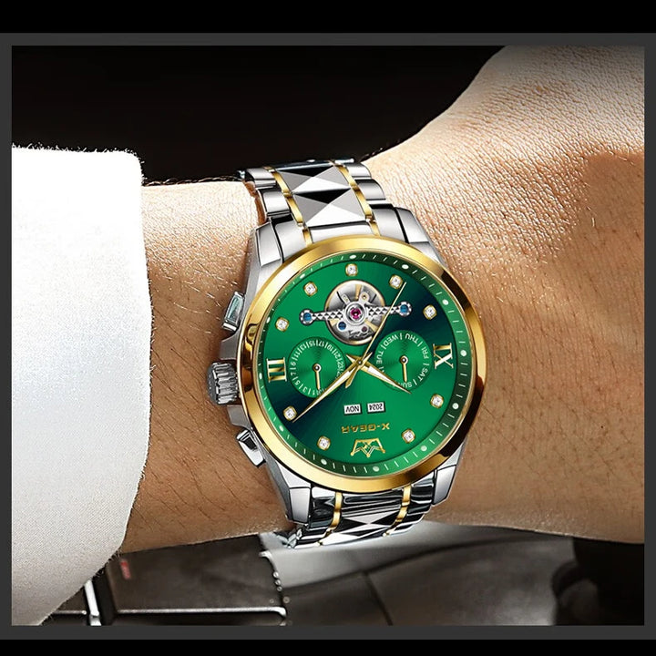 Men's Automatic Mechanical Watch with Tourbillon Waterproof Luminous Stainless Steel Strap Luxury Multi-Functional Timepiece