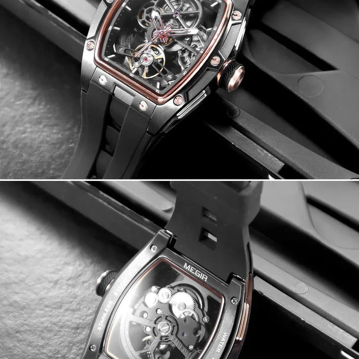 MEGIR Men's Automatic Mechanical Watch with Stainless Steel Case Silicone Band Skeleton Dial Waterproof Sport Wristwatch