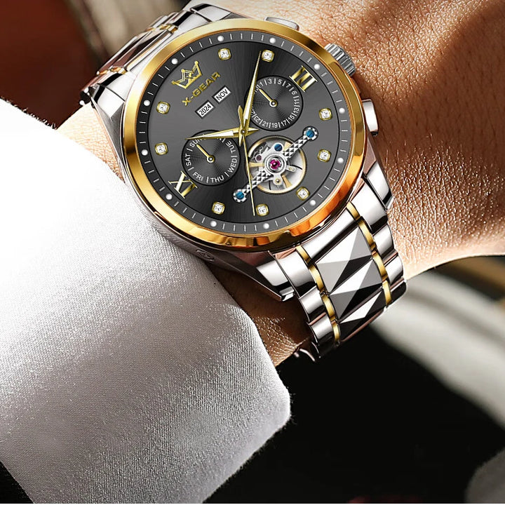 Men's Automatic Mechanical Watch with Tourbillon Waterproof Luminous Stainless Steel Strap Luxury Multi-Functional Timepiece