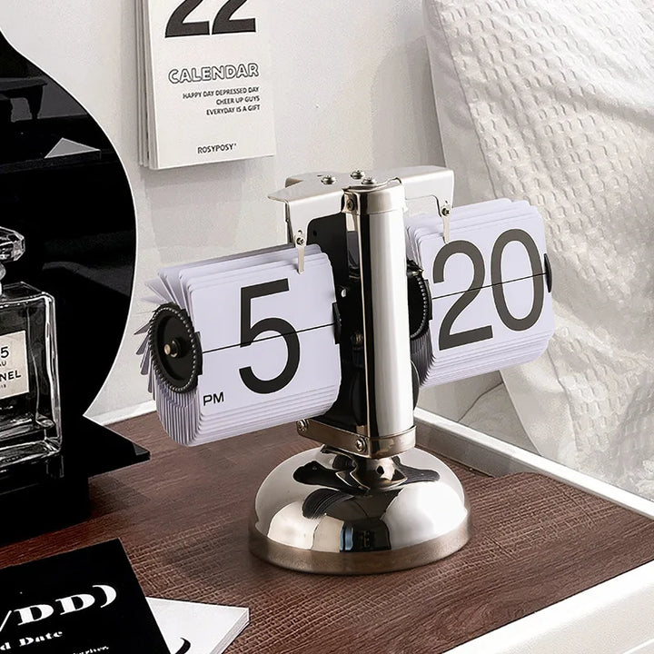 Table Clock Mechanical Automatic Page Turning Clock Retro Decoration Living Room Bedroom Office Desktop Decoration