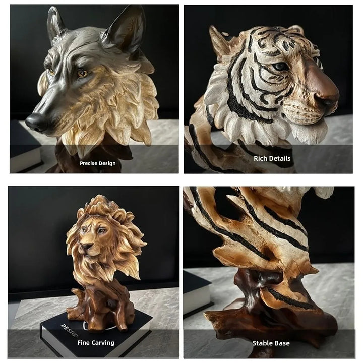 Resin Simulation Animal Statue Luxury Vivid Tiger Lion Head Ornament Retro Miniatures Figurine Sculpture Office