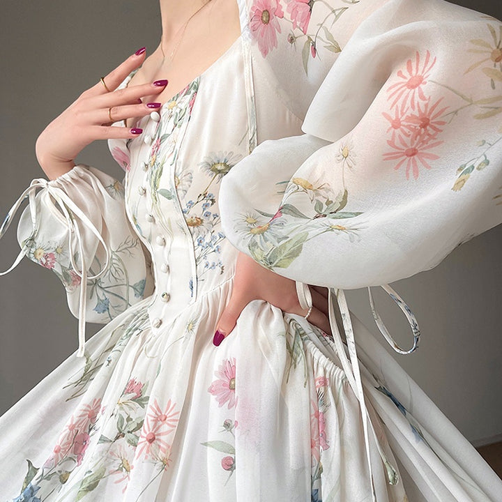 Vintage Floral Midi Dress Women Elegant Party Square Collar Dresses Summer Beach Fairy Korean Long Sleeve Bodycon Vestidos New