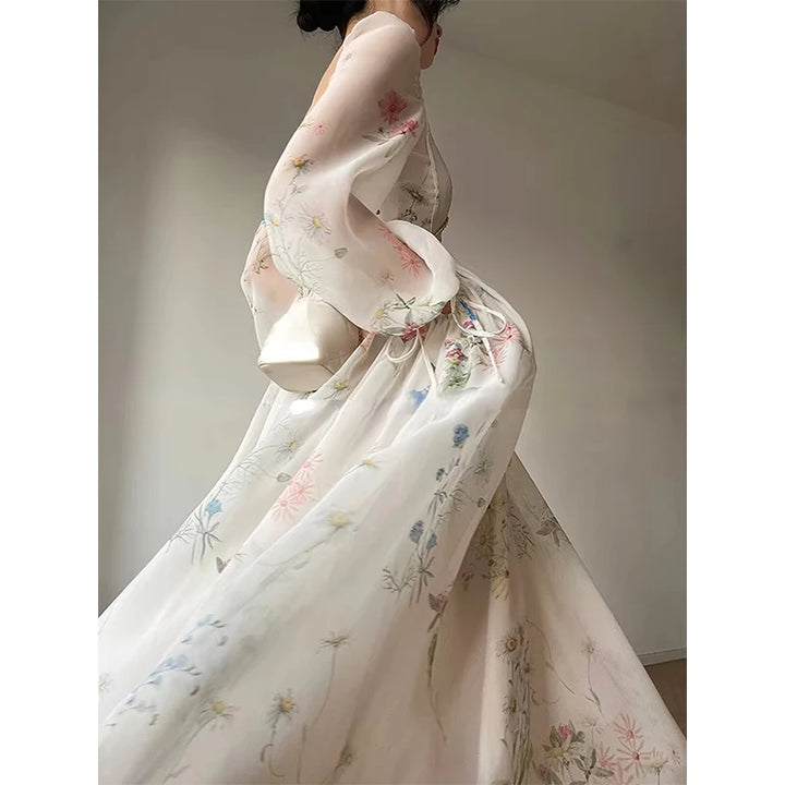 Vintage Floral Midi Dress Women Elegant Party Square Collar Dresses Summer Beach Fairy Korean Long Sleeve Bodycon Vestidos New