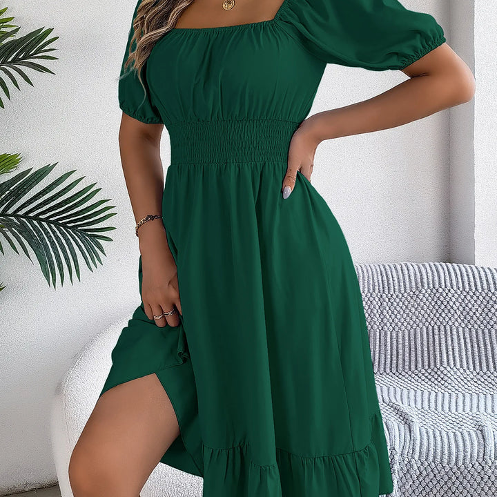 Women's MIidi Dresses 2025 Summer Casual Square Neck Short Sleeved Waist Ruffle Edge Dress Dress Women Elegant Платья Женские
