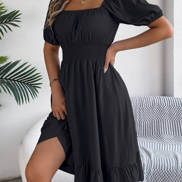 Women's MIidi Dresses 2025 Summer Casual Square Neck Short Sleeved Waist Ruffle Edge Dress Dress Women Elegant Платья Женские