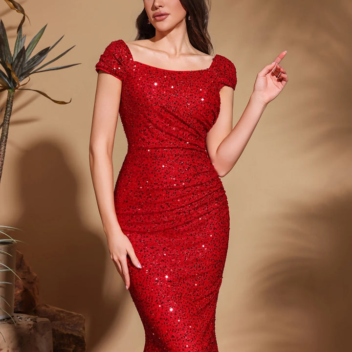 Simple and elegant square neck sequined hip party dress skirt, elegant and chic dress