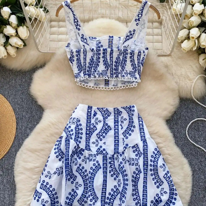 Holliday Midi Dress White Two Piece Sets Women Summer Crop Tops Short Skirts Suits Embroidery Hollow Out Beach Cotton Vestidos
