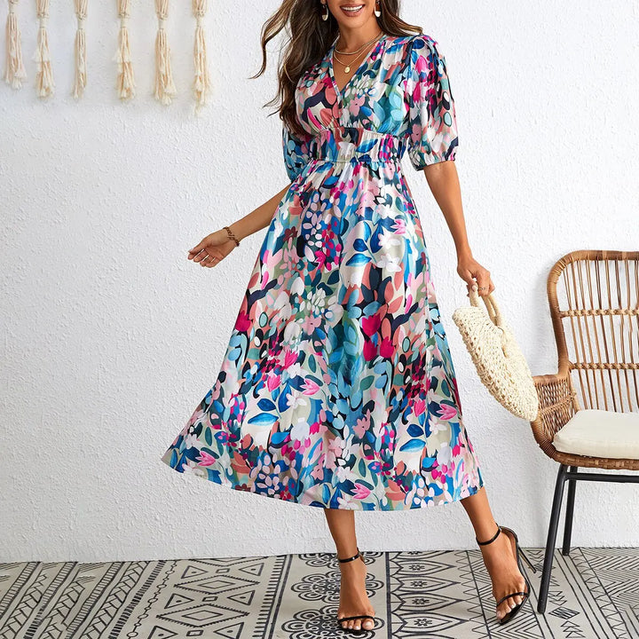 New Boho Floral Print Midi Dress Women Fashion V-neck Short Sleeve Dresses For Women 2025 Summer Casual Holiday Long Dress