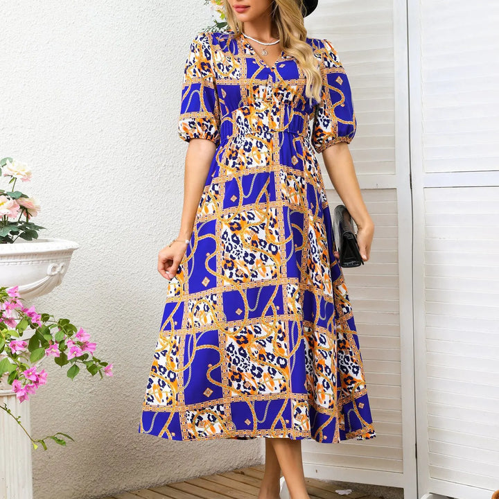 New Boho Floral Print Midi Dress Women Fashion V-neck Short Sleeve Dresses For Women 2025 Summer Casual Holiday Long Dress