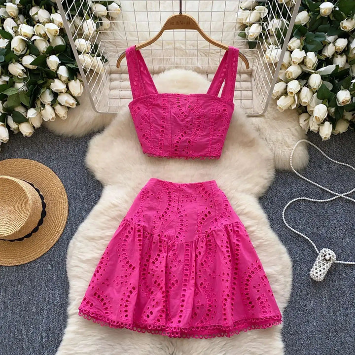 Holliday Midi Dress White Two Piece Sets Women Summer Crop Tops Short Skirts Suits Embroidery Hollow Out Beach Cotton Vestidos