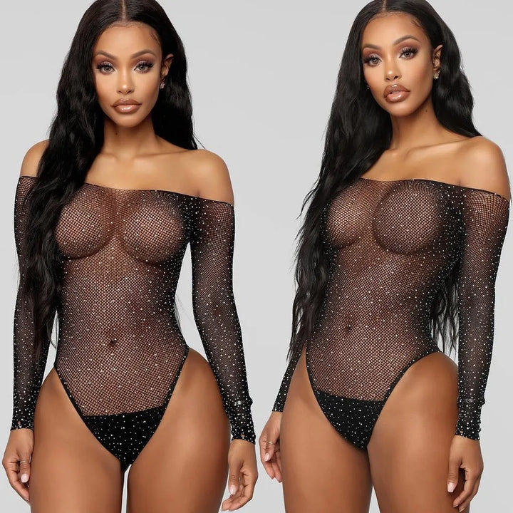 Lingerie Sexy Bodysuit Diamond Fishnet Bodysuit Mesh Pantyhose Babydoll Rhinestone Nylon Shiny Pantyhose Hosiery Fishnet