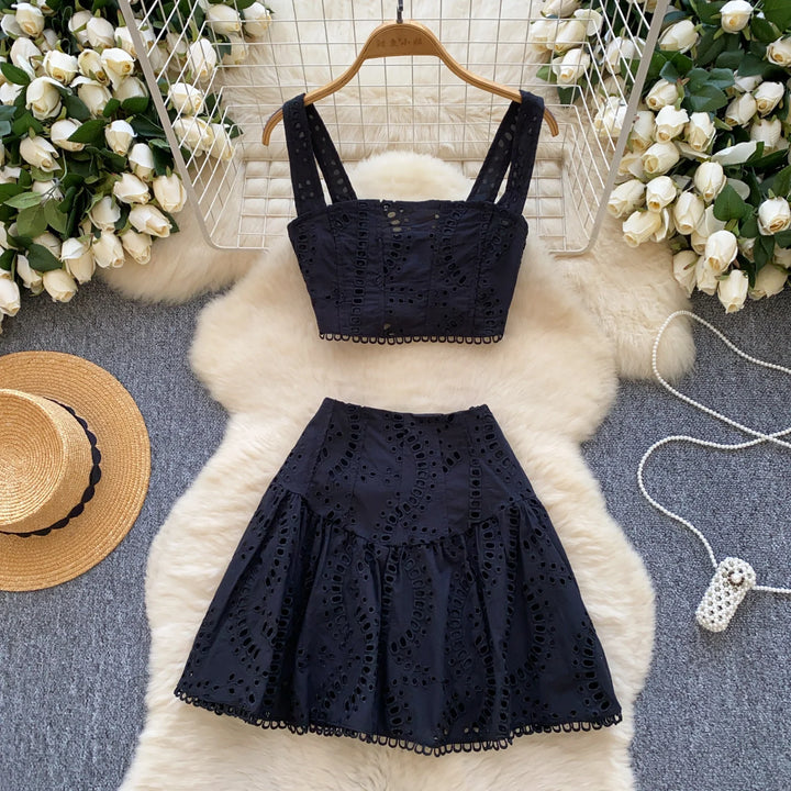 Holliday Midi Dress White Two Piece Sets Women Summer Crop Tops Short Skirts Suits Embroidery Hollow Out Beach Cotton Vestidos