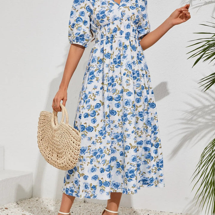 New Boho Floral Print Midi Dress Women Fashion V-neck Short Sleeve Dresses For Women 2025 Summer Casual Holiday Long Dress
