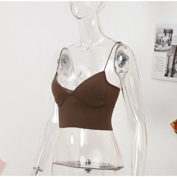 Rib Solid Women Seamless Crop Top Underwear Wire-Free V-Shaped Camisole Thin Straps Bra Bralette Lingerie One-Piece Tube Tops