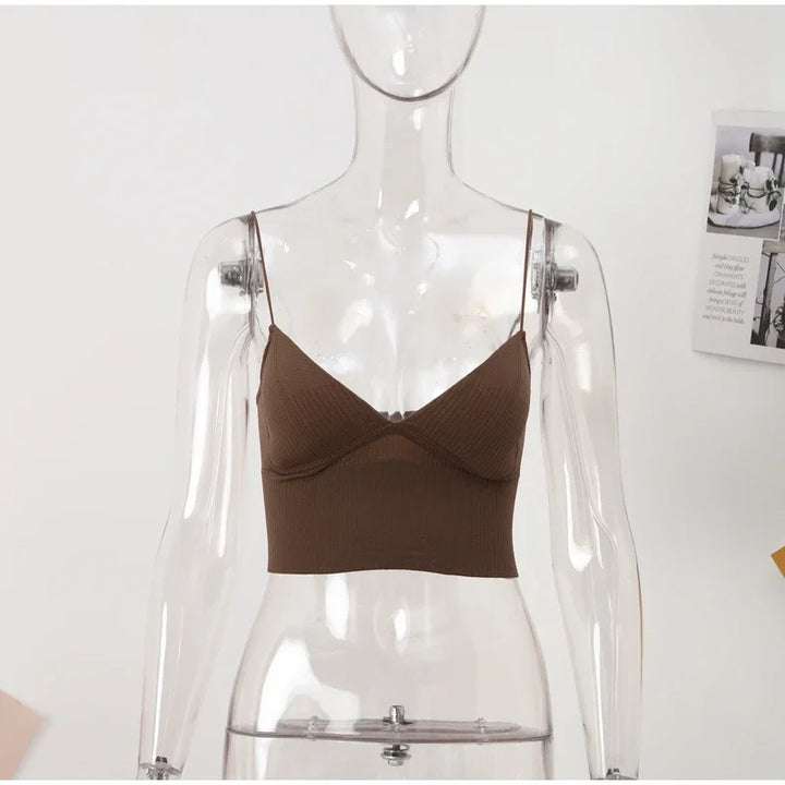 Rib Solid Women Seamless Crop Top Underwear Wire-Free V-Shaped Camisole Thin Straps Bra Bralette Lingerie One-Piece Tube Tops