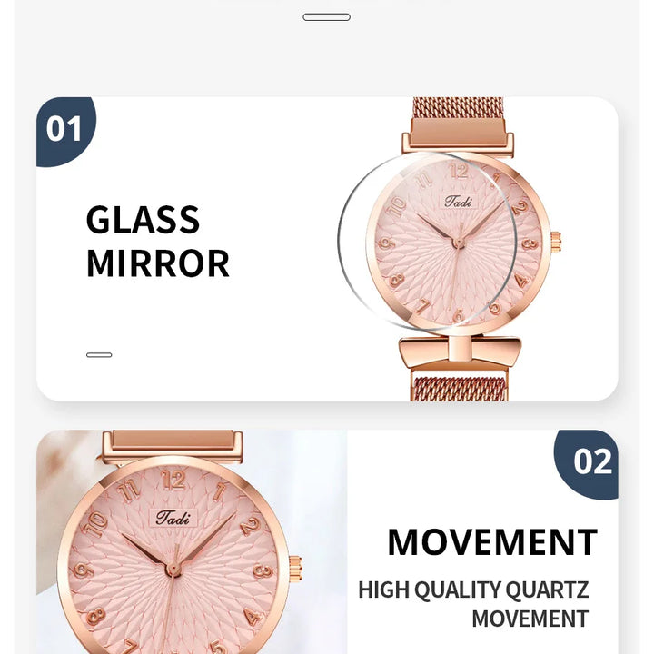 2PCS Set Women's Watch Set Trendy Pink Design Mesh Belt Alloy Wristwatch Fashionable Timepiece Quartz Watch Lady