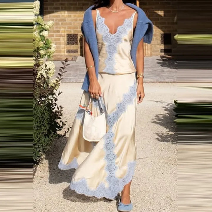 Sexy V-neck Top with Long Skirt 2Pc Suit Women's Fashion Embroidery Patchwork Satin Sets Elegant Sleeveless Sling Skirt Outfits