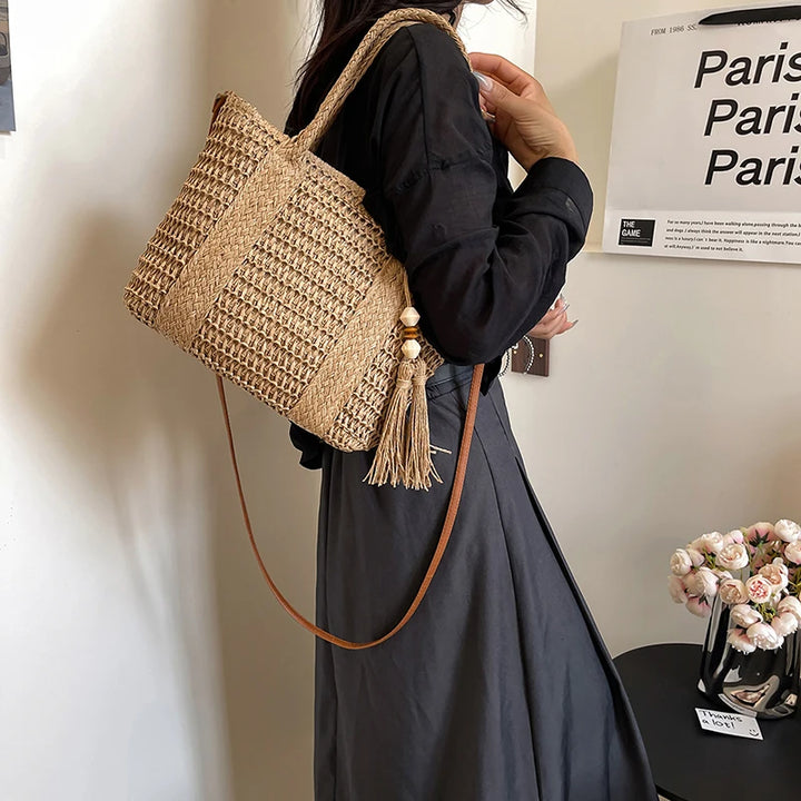 Summer Straw Bag Women Large Capacity  Shoulder Messenger Bags Handmade Woven Handbag Bohemia Vacation Rattan Beach Purse 2024