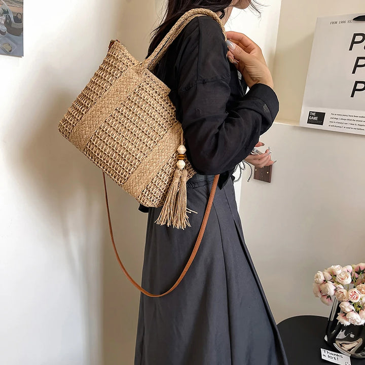 Summer Straw Bag Women Large Capacity  Shoulder Messenger Bags Handmade Woven Handbag Bohemia Vacation Rattan Beach Purse 2024