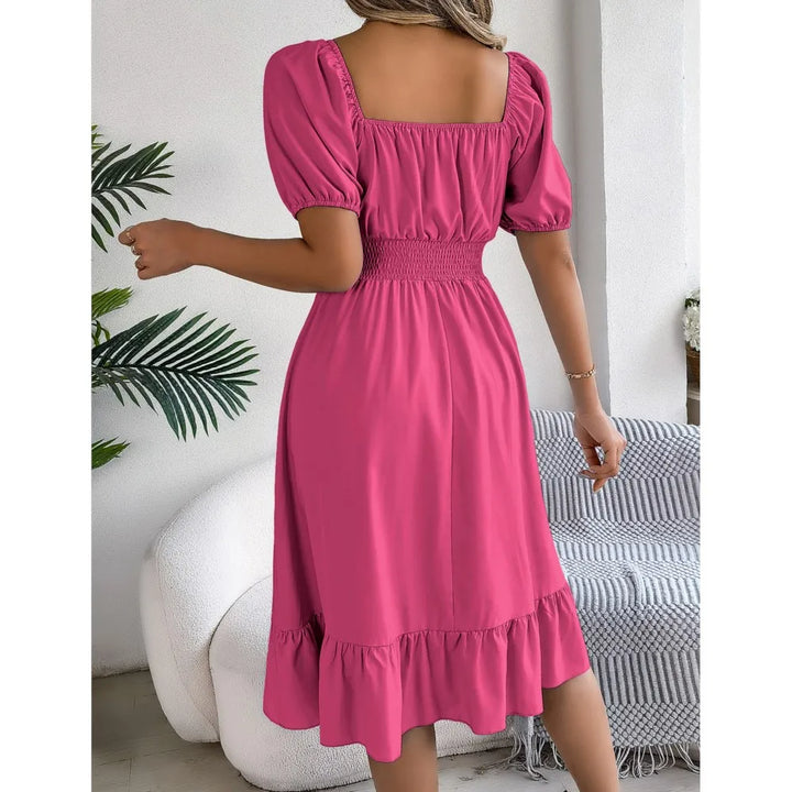 Women's MIidi Dresses 2025 Summer Casual Square Neck Short Sleeved Waist Ruffle Edge Dress Dress Women Elegant Платья Женские