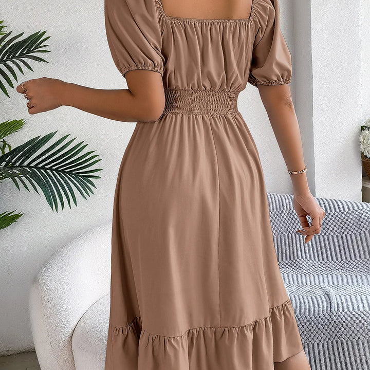 Women's MIidi Dresses 2025 Summer Casual Square Neck Short Sleeved Waist Ruffle Edge Dress Dress Women Elegant Платья Женские