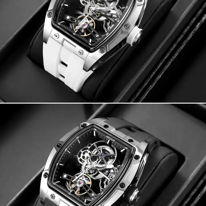 MEGIR Men's Automatic Mechanical Watch with Stainless Steel Case Silicone Band Skeleton Dial Waterproof Sport Wristwatch