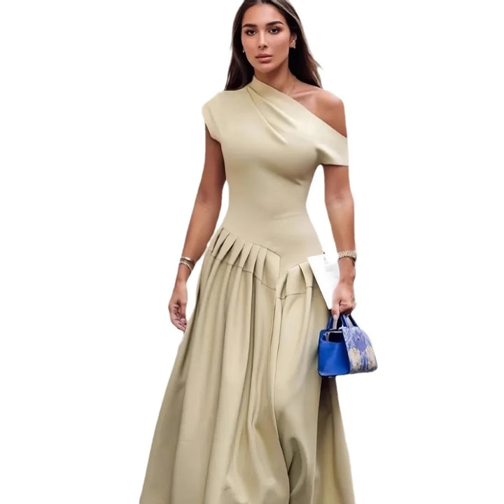 Elegant Pleated Midi Dress for Women Fashion Street Short Sleeve Patchwork Long Dress Casual Office Lady Irregular Neck Vestidos
