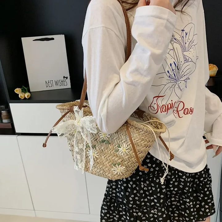 Summer Straw Handbag Boho Beach Shoulder Bag Woven Bucket Shopping Bag Handmade Rattan Bag Lady Top Handle Tote 2 set Handbag