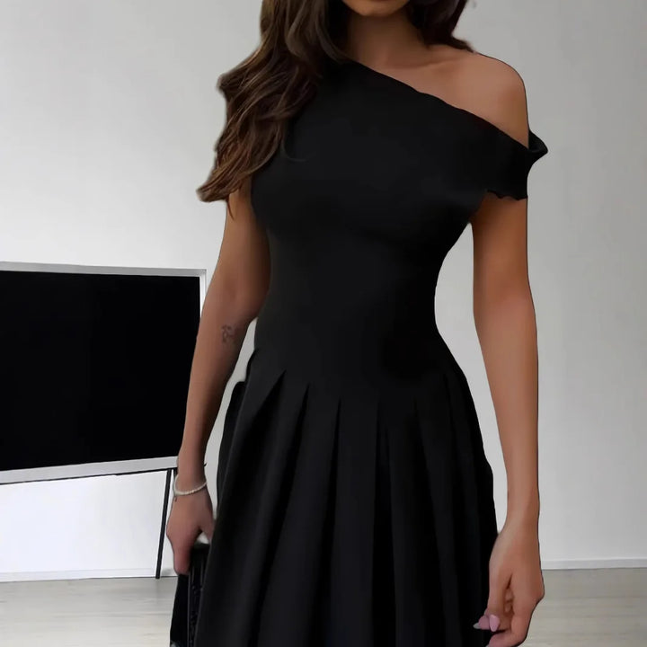 Elegant Pleated Midi Dress for Women Fashion Street Short Sleeve Patchwork Long Dress Casual Office Lady Irregular Neck Vestidos