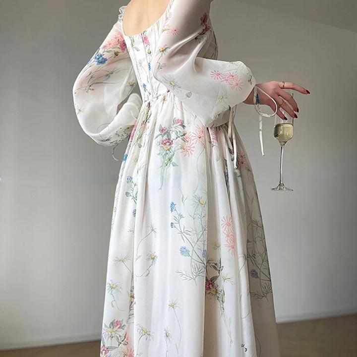 Vintage Floral Midi Dress Women Elegant Party Square Collar Dresses Summer Beach Fairy Korean Long Sleeve Bodycon Vestidos New